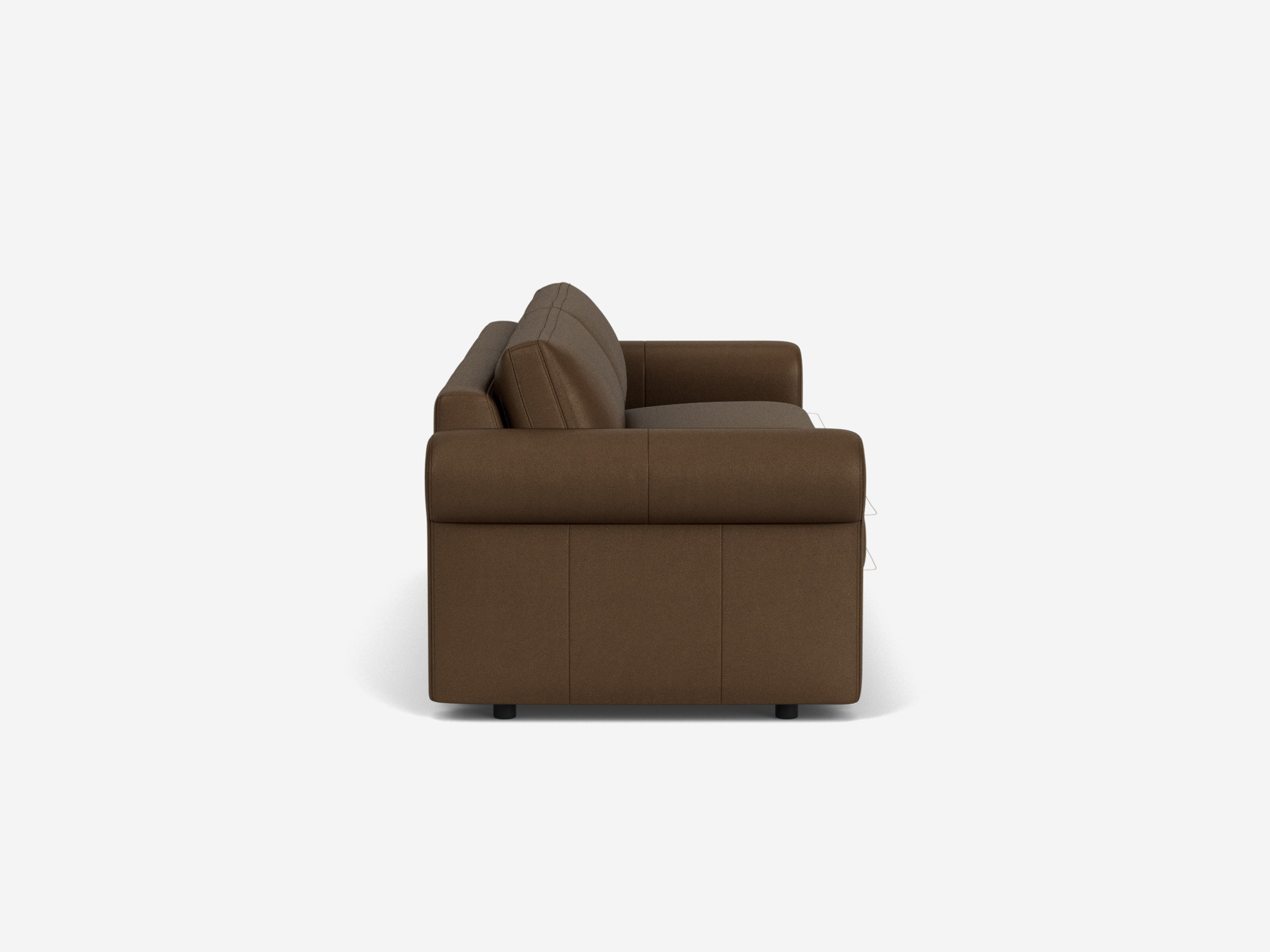 Brown leather 2-seat sofa with roll arms side view